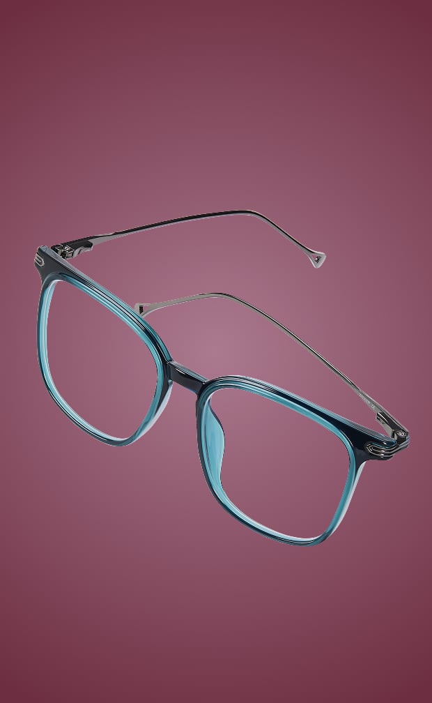 Teal blue square eyeglasses with ultra-thin metal temples floating against a dusty mauve background.