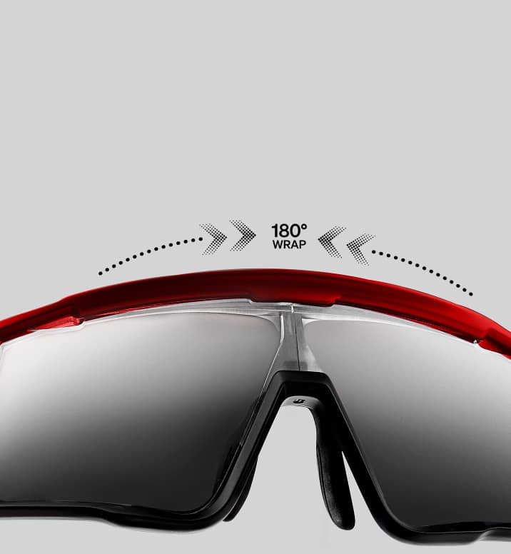 High-wrap red visor design sunglasses with innovative prescription-ready lens offering full protection and coverage.