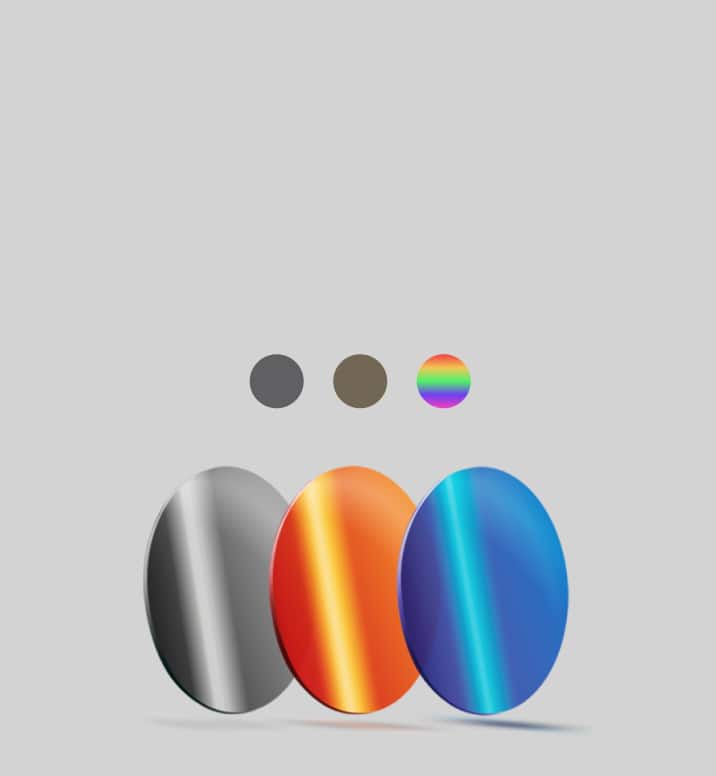 Sunglasses lenses in classic gray, orange, and blue against a gray background that says “Color customization. Available in sleek mirror tints or classic gray, brown, and G-15 green.”
