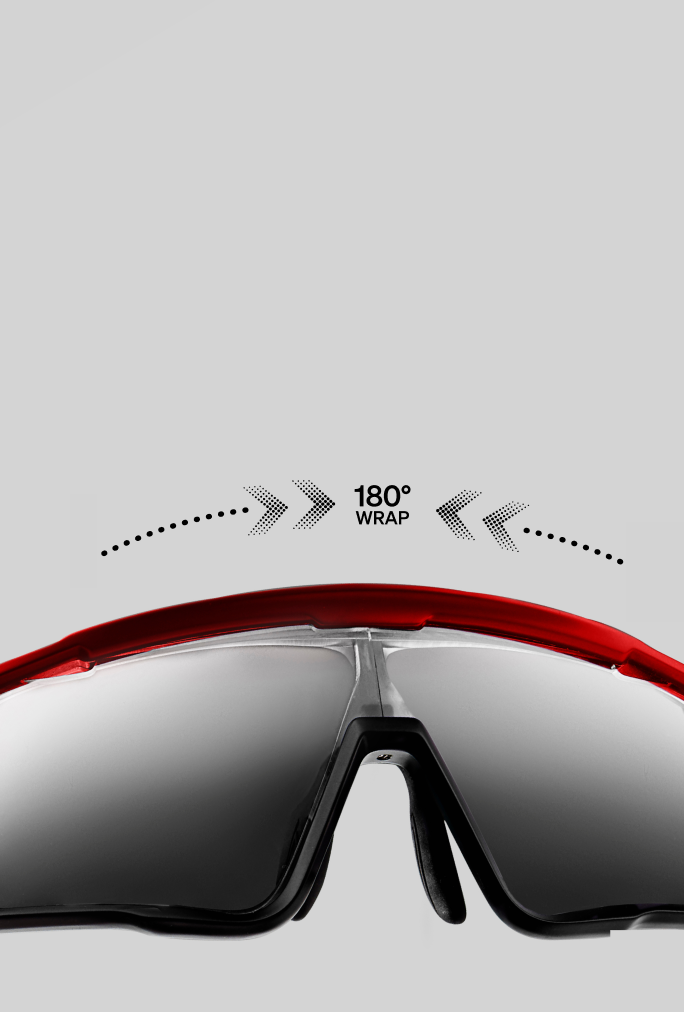 High-wrap red visor design sunglasses with innovative prescription-ready lens offering full protection and coverage.