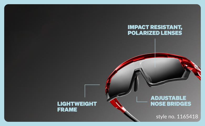 A pair of red sports sunglasses is displayed with annotations highlighting key features: "Lightweight Frame," "Adjustable Nose Bridges," and "Impact Resistant, Polarized Lenses." Above the image, the text reads "Performance Sunglasses" followed by "Experience enhanced performance and vision in an iconic new design."