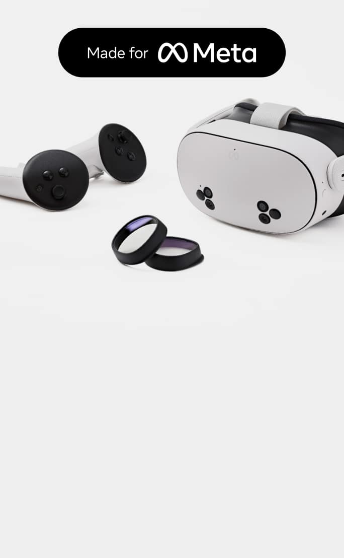 Headset, controllers, and insert lenses for Meta Quest 3S.