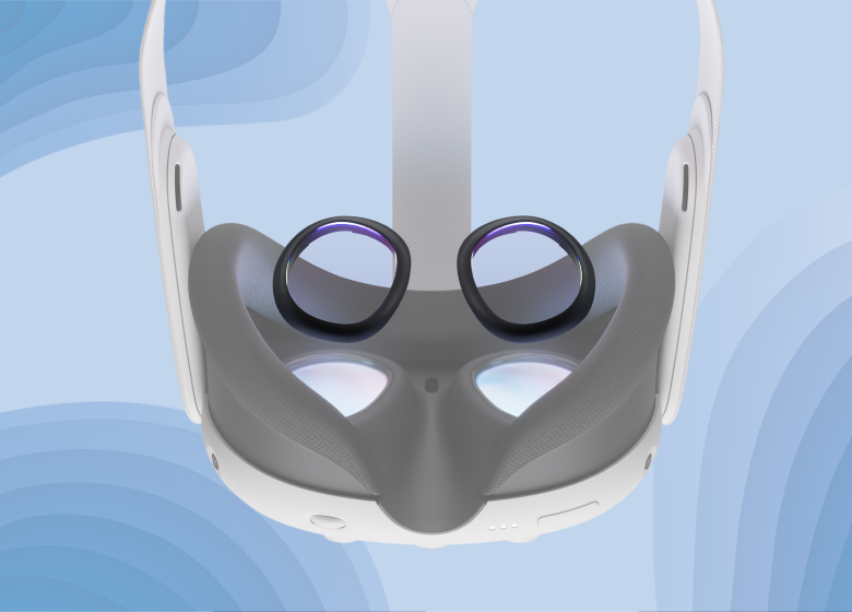 Meta Quest 3 VR headset facing downwards with two prescription lens inserts hovering above, to be placed on top of VR lenses. Blue background.