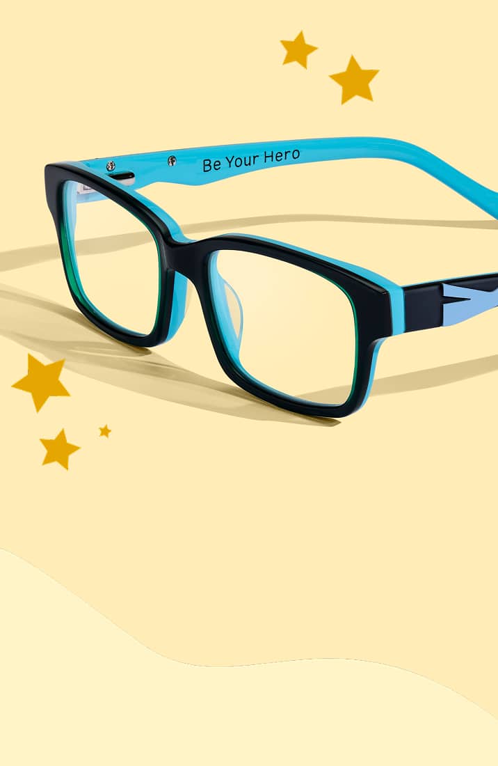 Black and blue kids' Zenni glasses engraved with "Be Your Hero" on the temple, on a yellow background.