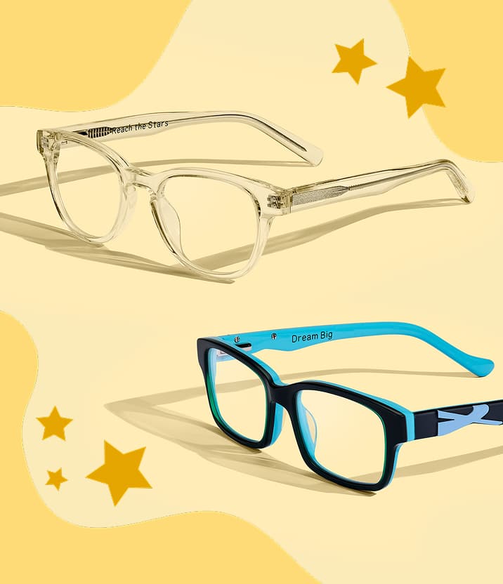Clear Zenni glasses engraved with "Reach the Stars" and black-and-blue Zenni glasses engraved with "Dream Big," on a yellow background.