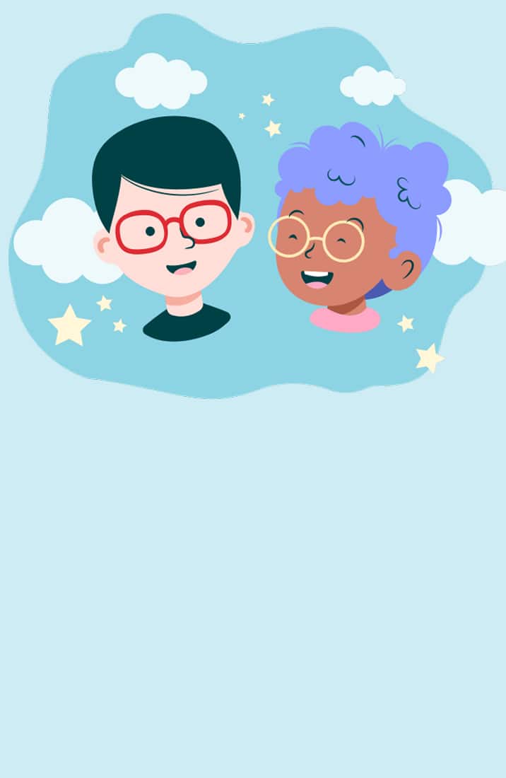 Illustration of two children wearing round glasses, surrounded by clouds and stars. "Dream Big," on a yellow background.