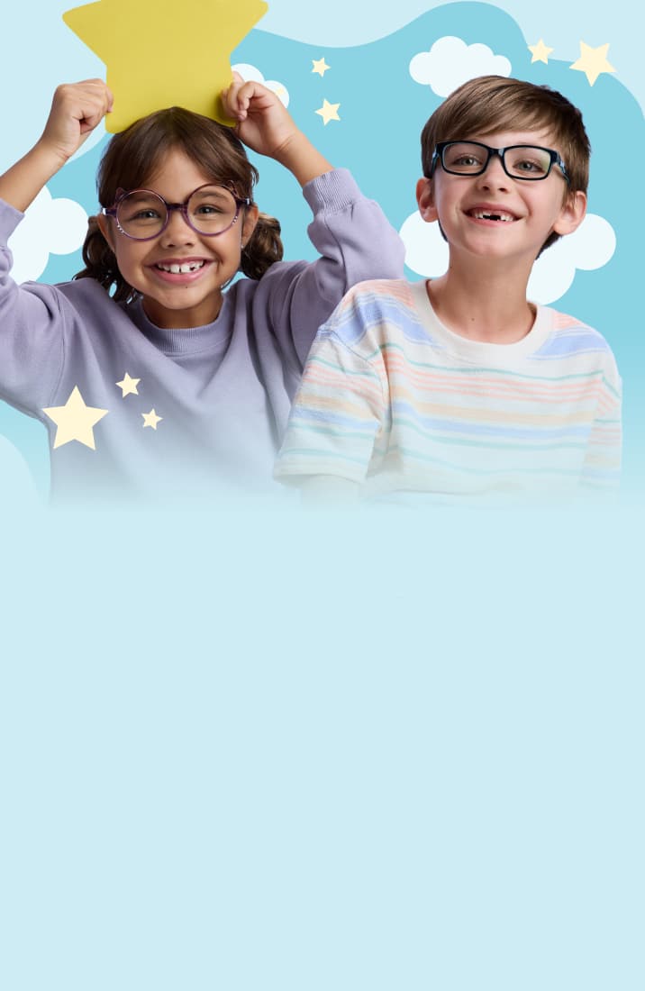 Two smiling children wearing eyeglasses against a light blue backdrop with clouds and stars, with a young girl holding a yellow star above her head.