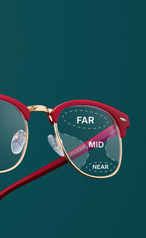 Zenni red eyeglasses with progressive lens zones labeled for near, mid, and far vision.