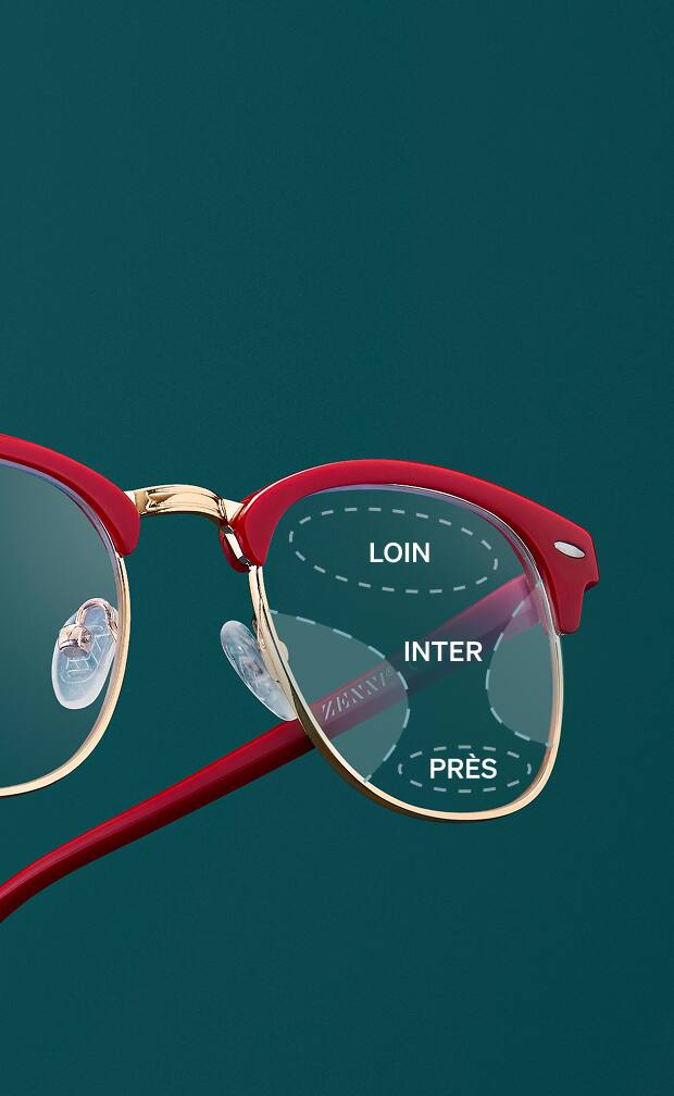 Zenni red eyeglasses with progressive lens zones labeled for near, mid, and far vision.