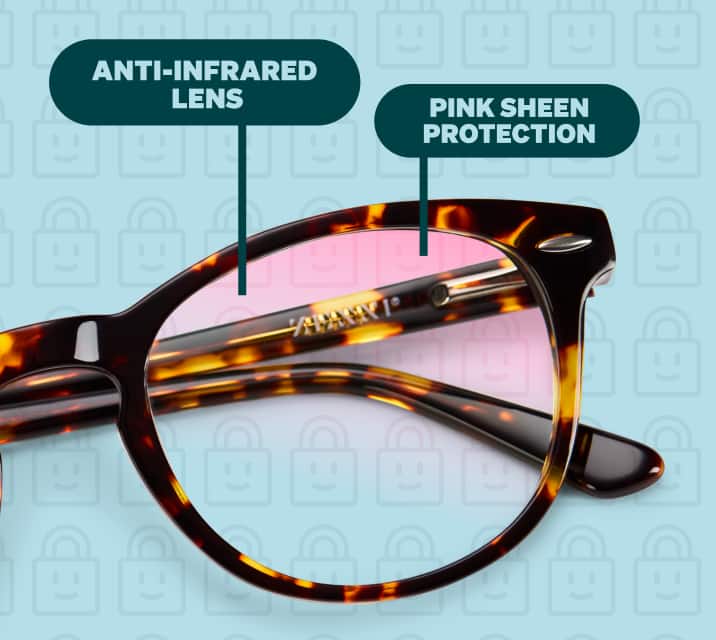 Close-up of tortoiseshell glasses showing pink sheen labeled 'Anti-Infrared Lens' and 'Pink Sheen Protection'.
