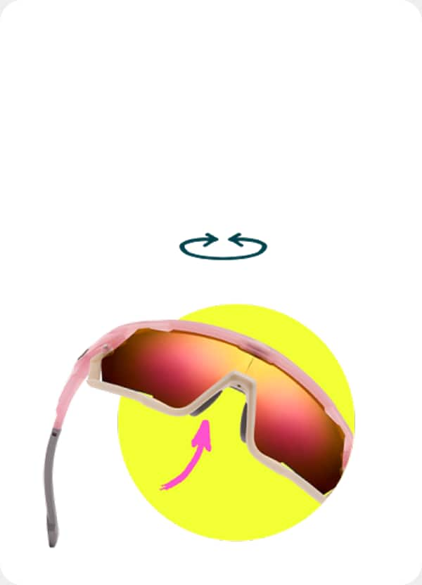 Pink Zunnies cycling sunglasses with wraparound design labeled 'Total Protection' on a yellow background.