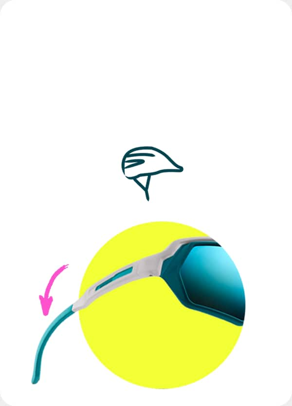 Blue Zunnies cycling sunglasses with comfortable, helmet-friendly arms on a yellow background.