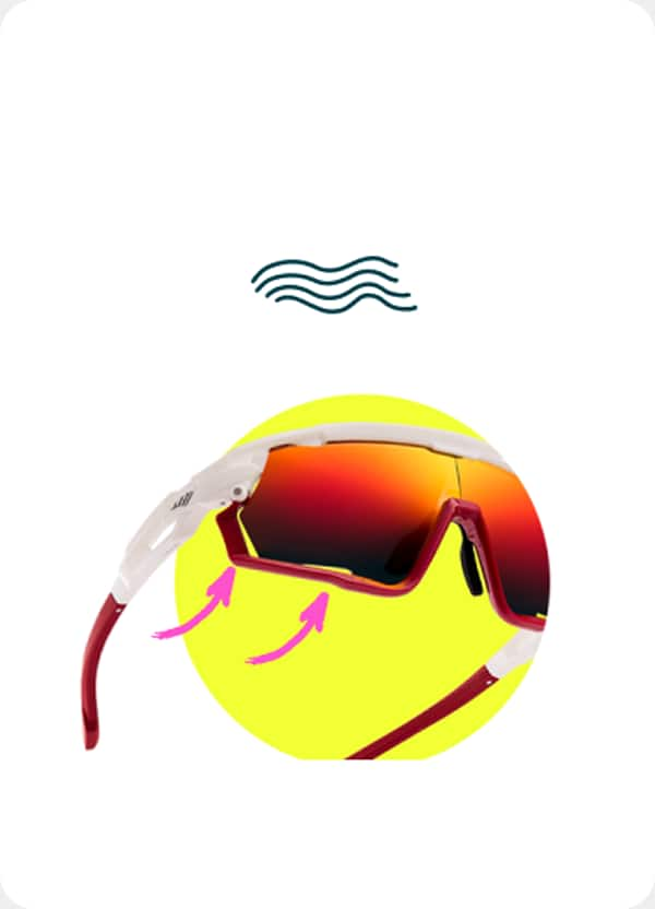 Red and white Zunnies cycling sunglasses with vented lenses labeled 'Fog-Free' on a yellow background.