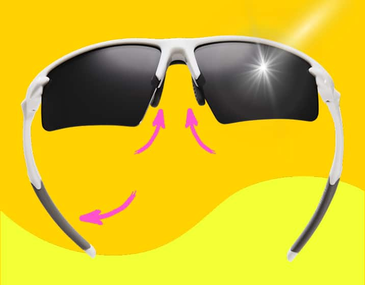 Zunnies Sports Sunglasses with pink illustrated arrows pointing to adjustable nose pads and grippy temple tips, against a bright yellow background.