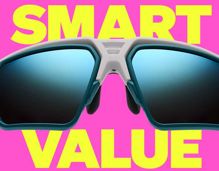 Close-up of Zunnies Sports Sunglasses with dark lenses against a pink background with yellow text “Smart Value.”