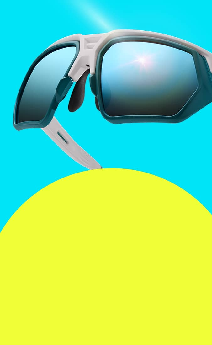 Close-up of Zunnies sports sunglasses with polarized lenses, reducing glare for sharp detail on a blue and yellow background.