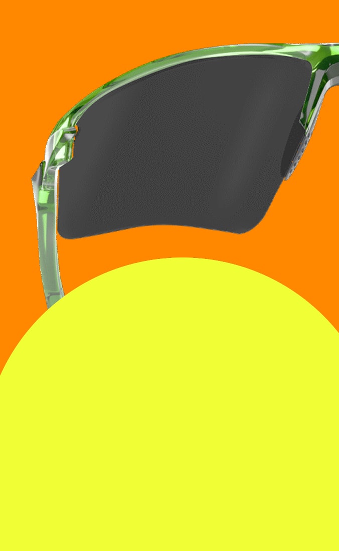 Zunnies Sports Sunglasses with light-adaptive lenses, on an orange and yellow background.