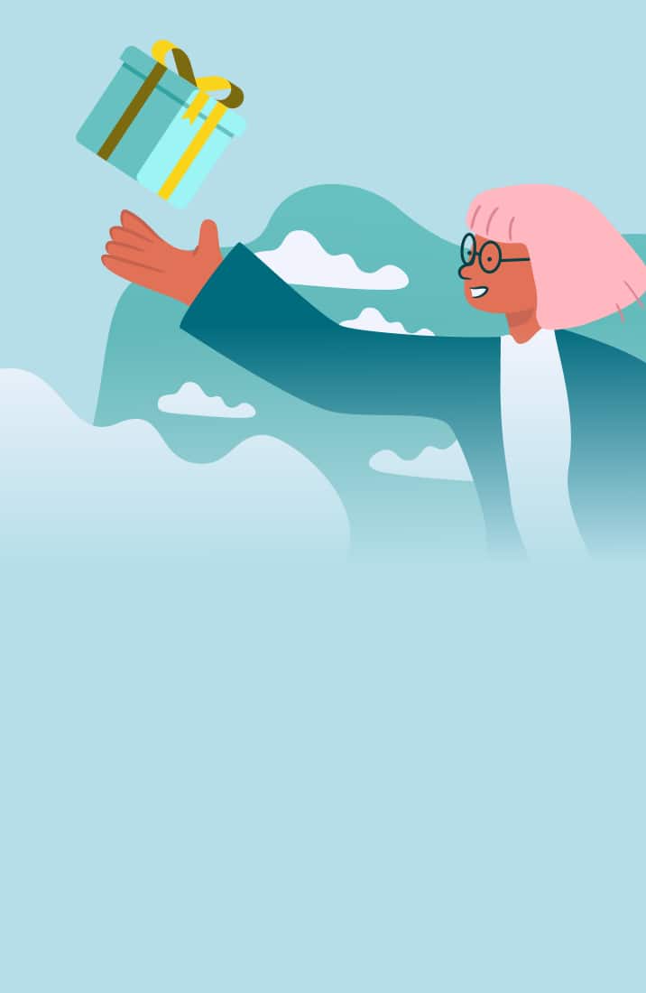 Illustration of a person with pink hair and glasses reaching for a gift box against a blue background with white clouds.