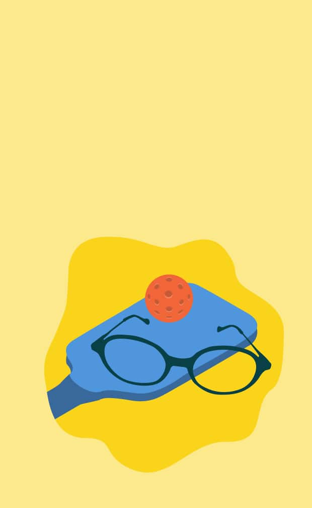 Illustration of teal glasses on a pickleball paddle.