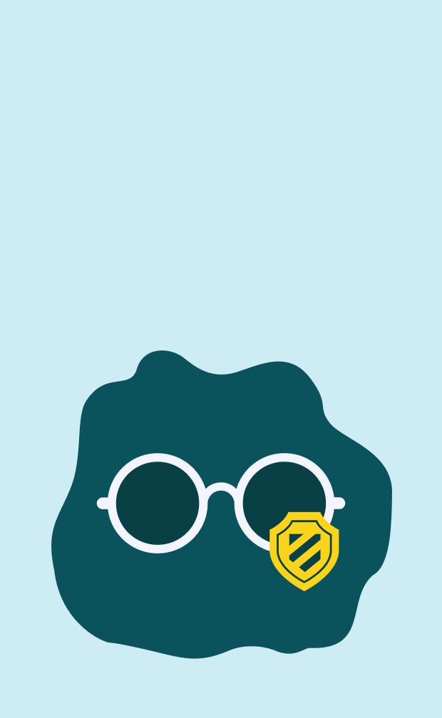 Illustration of round eyeglasses with a yellow shield icon representing blue light protection.