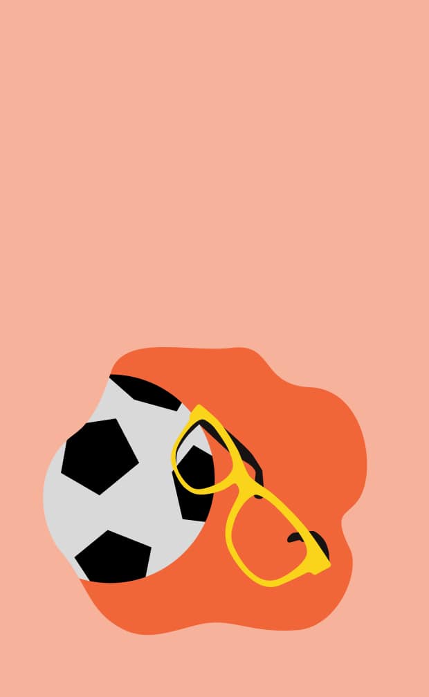Illustration of yellow glasses in front of a soccer ball.