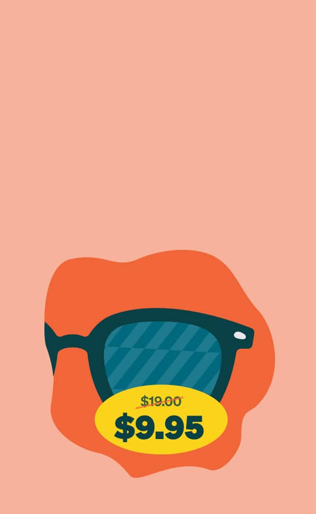 Illustration of sunglasses with a yellow price tag showing a discounted $9.95 price.