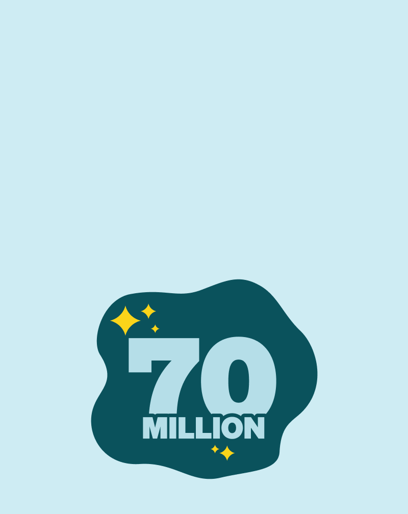 Illustration of the number 70 with sparkles, representing 70 million pairs sold.