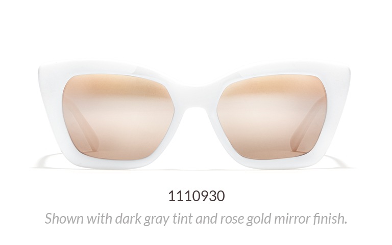 Chunky white plastic cat-eye sunglasses shown with dark gray tint and rose gold mirror finish.