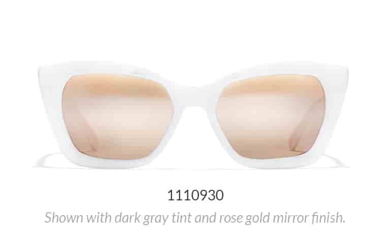 Chunky white plastic cat-eye sunglasses shown with dark gray tint and rose gold mirror finish.