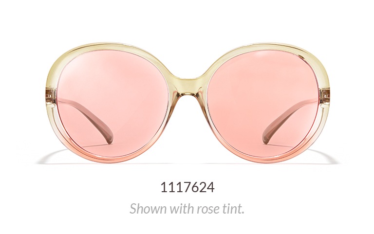 Oversized round sunglasses shown in watermelon color with rose tint.
