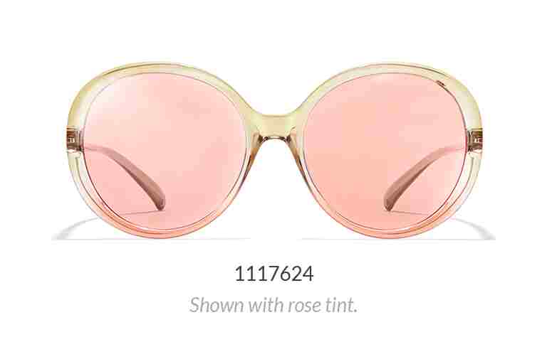 Oversized round sunglasses shown in watermelon color with rose tint.