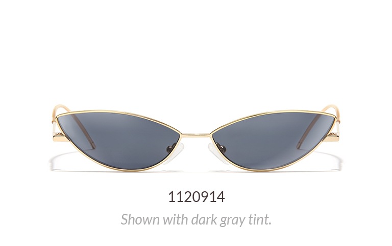 Extreme cat-eye microshades shown in gold metal with dark gray tint.