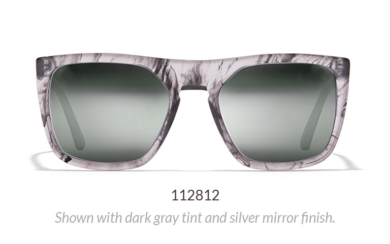 Modern flat-top sunglasses with gray marble pattern shown with dark gray tint and silver mirror finish.