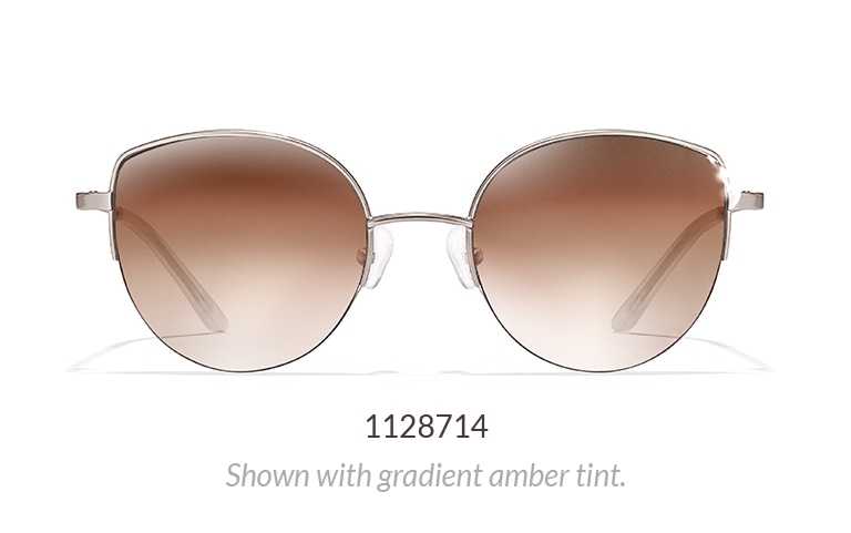 Metal half-rim cat-eye sunglasses shown in silver with gradient amber tint.