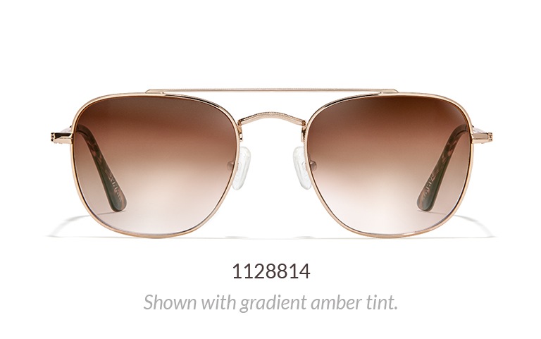 Premium aviator sunglasses in gold shown with radient amber tint.