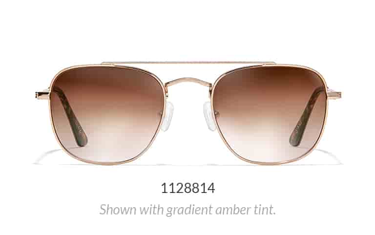 Premium aviator sunglasses in gold shown with radient amber tint.