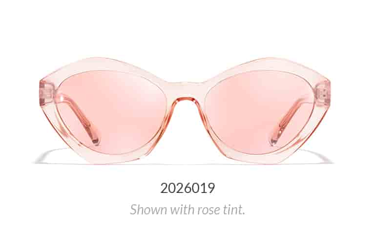 Translucent pink plastic geometric sunglasses shown with rose tint.
