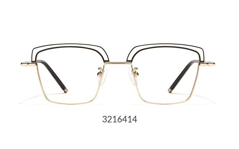 This distinctive square frame features a gold rim with a black wire detail on the brow.