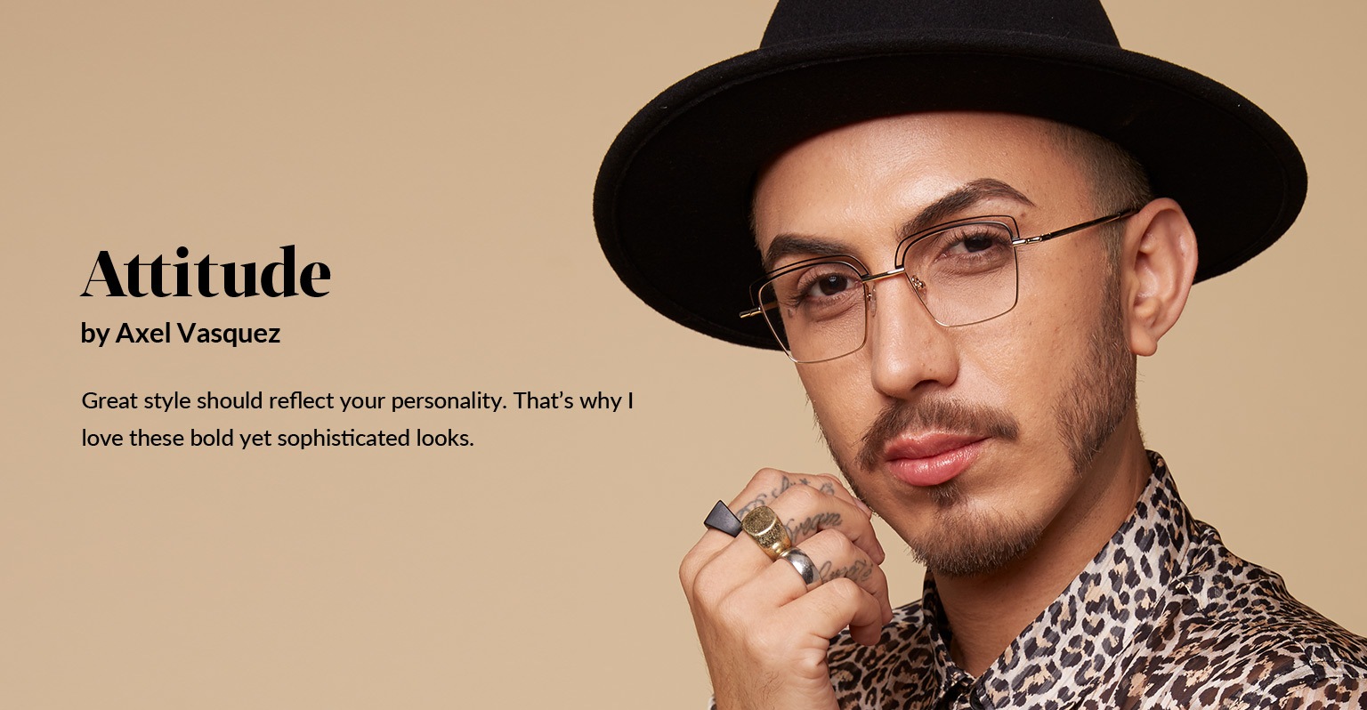 American Beauty Star finalist Axel Vasquez wears frame 3216414 with a leopard shirt and black hat.