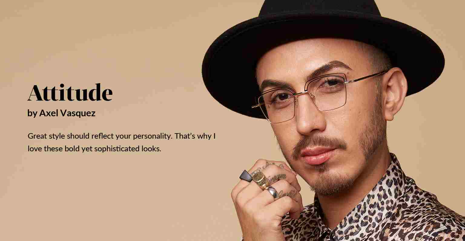 American Beauty Star finalist Axel Vasquez wears frame 3216414 with a leopard shirt and black hat.