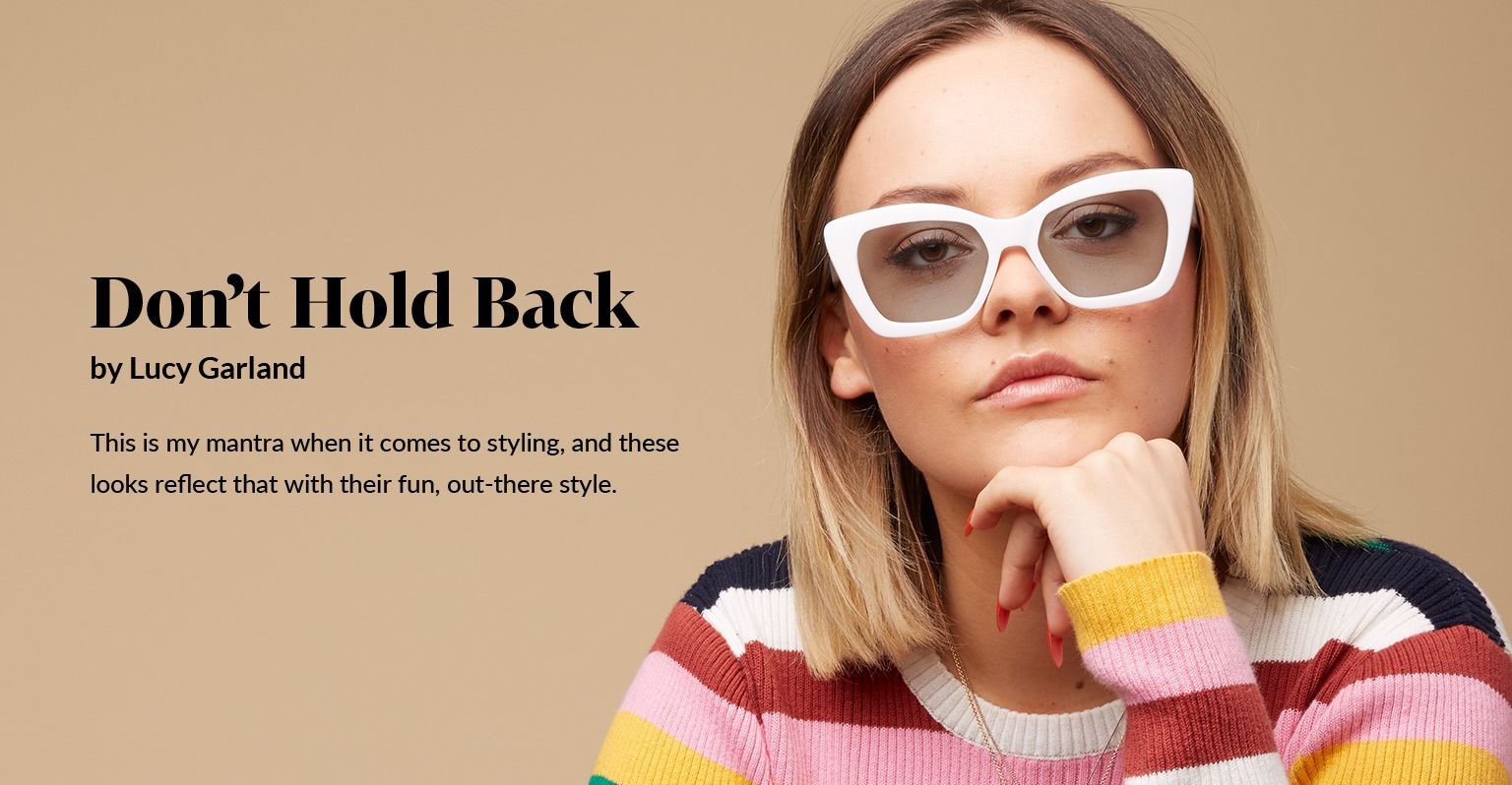 American Beauty Star finalist Lucy Garland wears white cat-eye frame 1110930 with a multi-striped sweater.