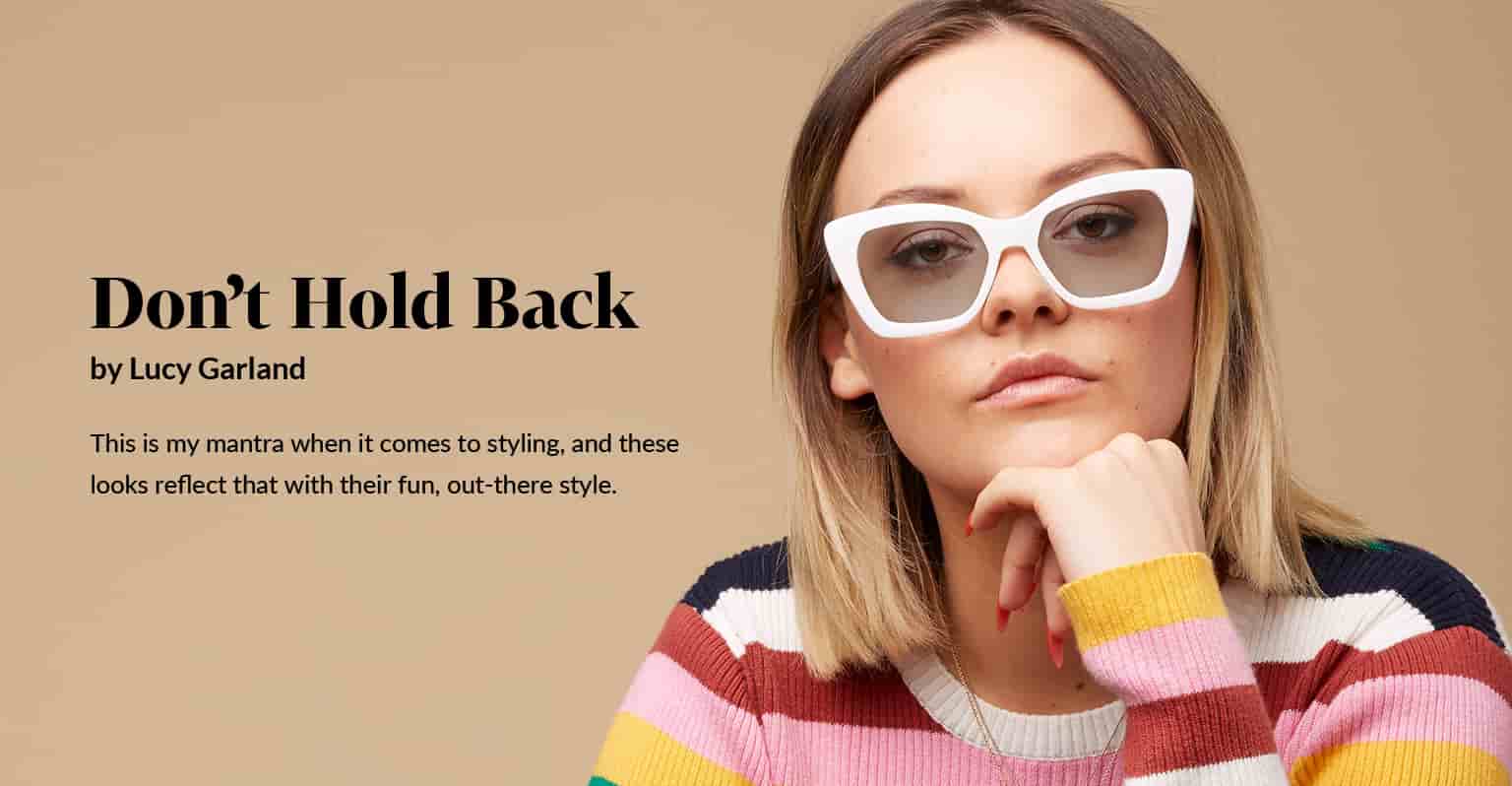 American Beauty Star finalist Lucy Garland wears white cat-eye frame 1110930 with a multi-striped sweater.
