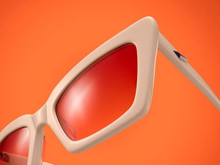 Cream cat-eye sunglasses (style no. 118630) with pink gradient lenses, on an orange background.