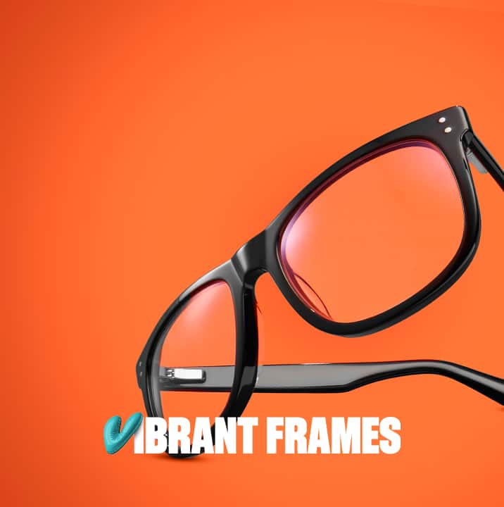 Black square glasses (style no. 638821) on an orange background, with the text ‘Vibrant Frames’ with the 'V' stylized like a balloon.