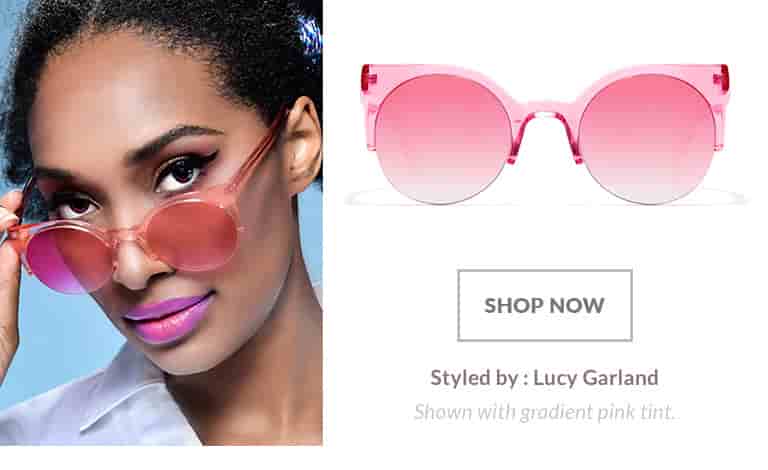 Model styled by Lucy Garland wearing pink cat-eye #4414419 with gradient pink tinted lenses.