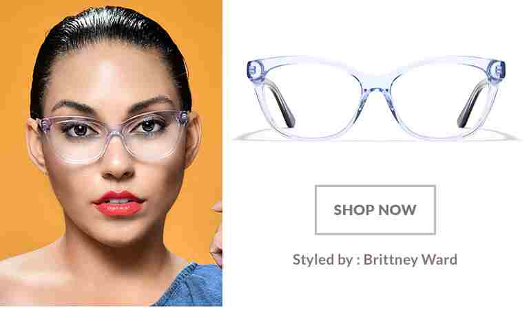 Model styled by Brittney Ward wearing translucent blue acetate cat-eye glasses #4433816.