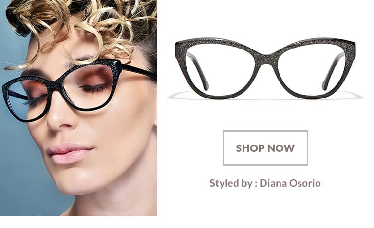 Model styled by Diana Osorio wearing black sparkle acetate cat-eye glasses #4429221.