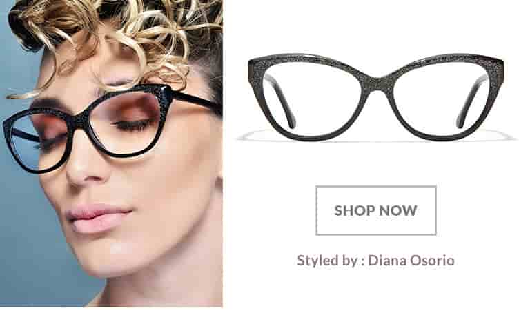 Model styled by Diana Osorio wearing black sparkle acetate cat-eye glasses #4429221.