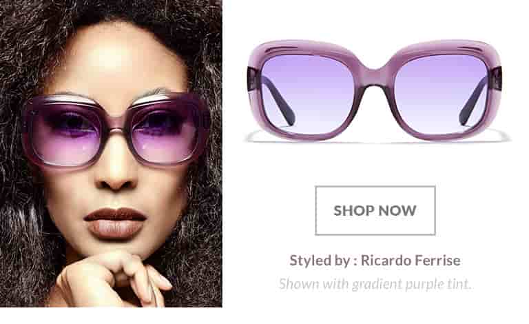 Model styled by Ricardo Ferrise wearing glam premium square sunglasses #1117517 in translucent purple with gradient purple tint.