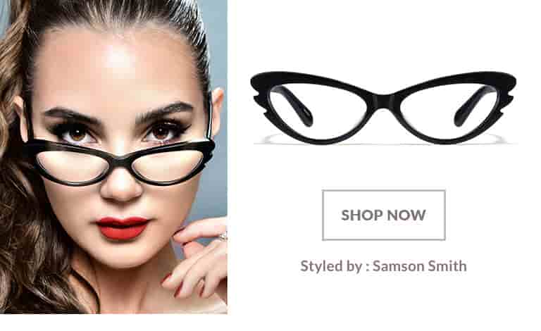 Model styled by Samson Smith wearing 1950s-inspired black acetate cat-eye #483921.